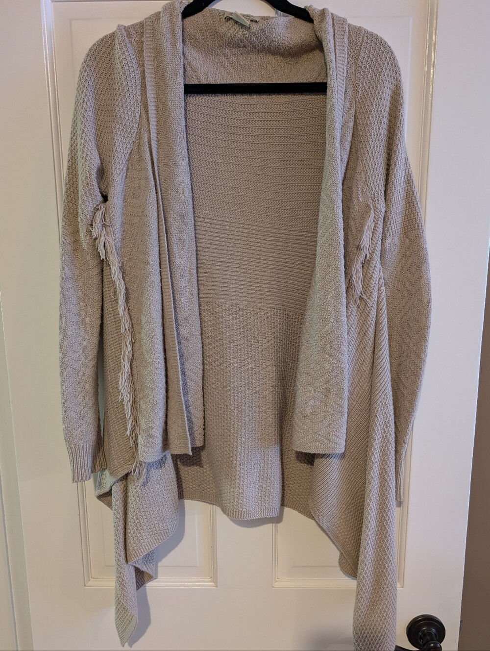Lucky Brand Light Beige Hooded Open-Front Cardigan with Fringe